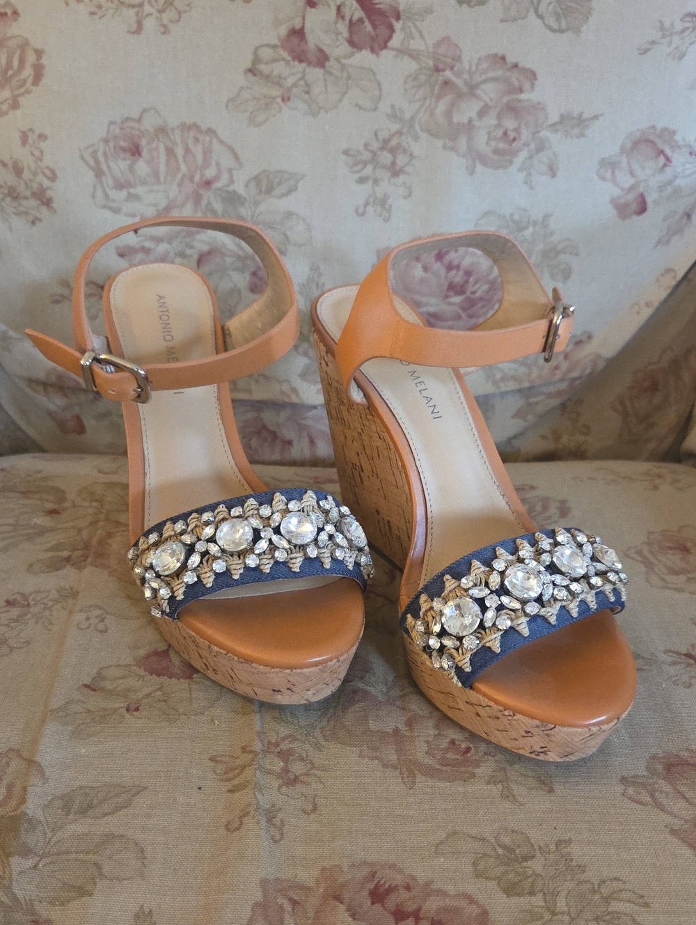 Embellished Tan Wedge Sandals with Blue Strap